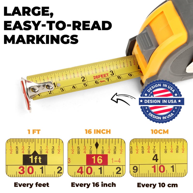 MulWark 25ft Metric Tape Measure, Easy Read Measuring Tape Retractable with Fractions 1/8, Both-Side Metal Blade, Magnetic Hook & Shockproof Case for Construction, Carpenter, Architect, Woodworking - Image 3
